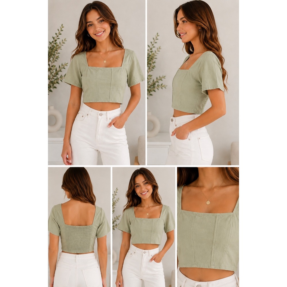 Hollister Crop Top‎ Womens Small Sage Green Square Neck Short Sleeve Smocked